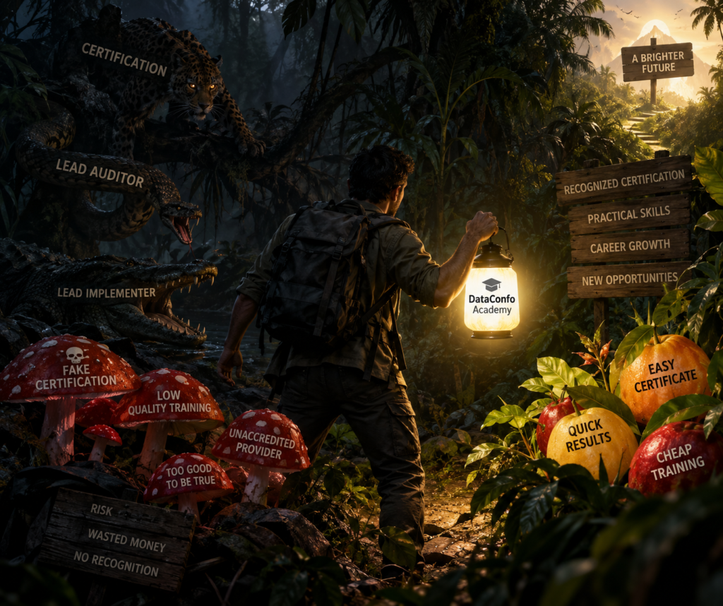 Professional navigating a jungle representing the risks of fake certifications, low-quality training, and unaccredited providers while seeking recognized ISO certification and career opportunities with DataConfo Academy.